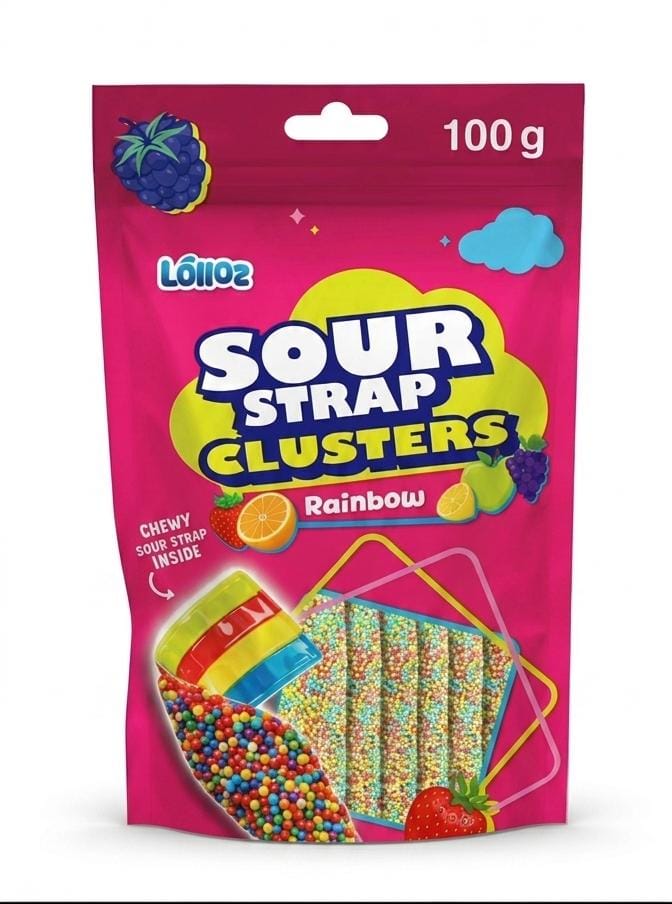 Lolloz Sour Strap Clusters Rainbow 100g * 12