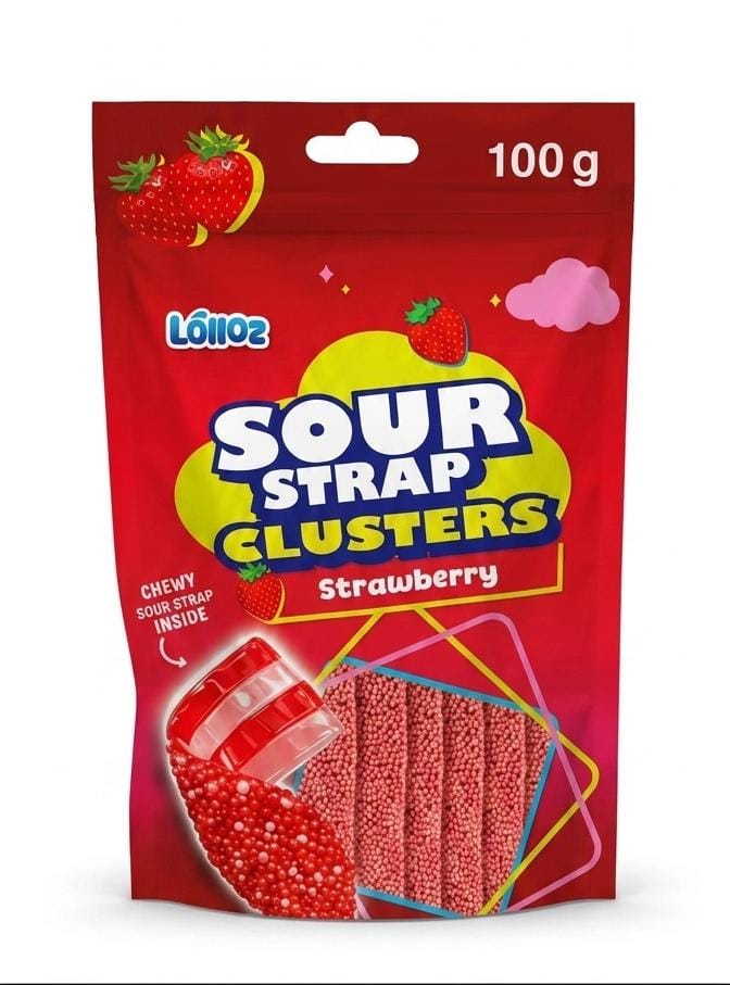 Lolloz Sour Strap Clusters Strawberry 100g * 12